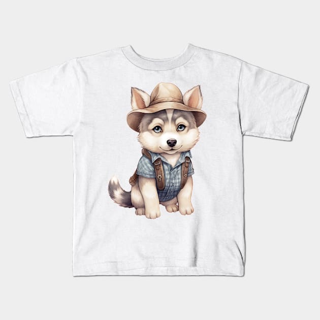 Farmer Siberian Husky Dog Kids T-Shirt by Chromatic Fusion Studio